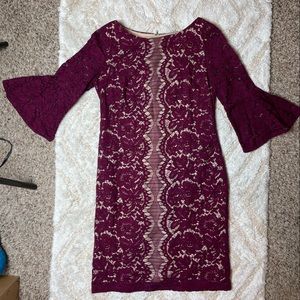 Danny and Nicole Maroon Fitted Dress with Flare 3/4 Sleeve